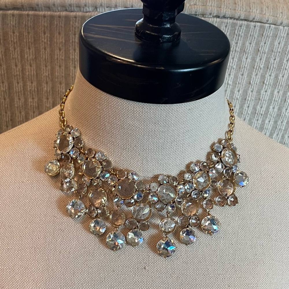 J Crew Clear Crystal Dangle Drop Bib Runway Statement Necklace
